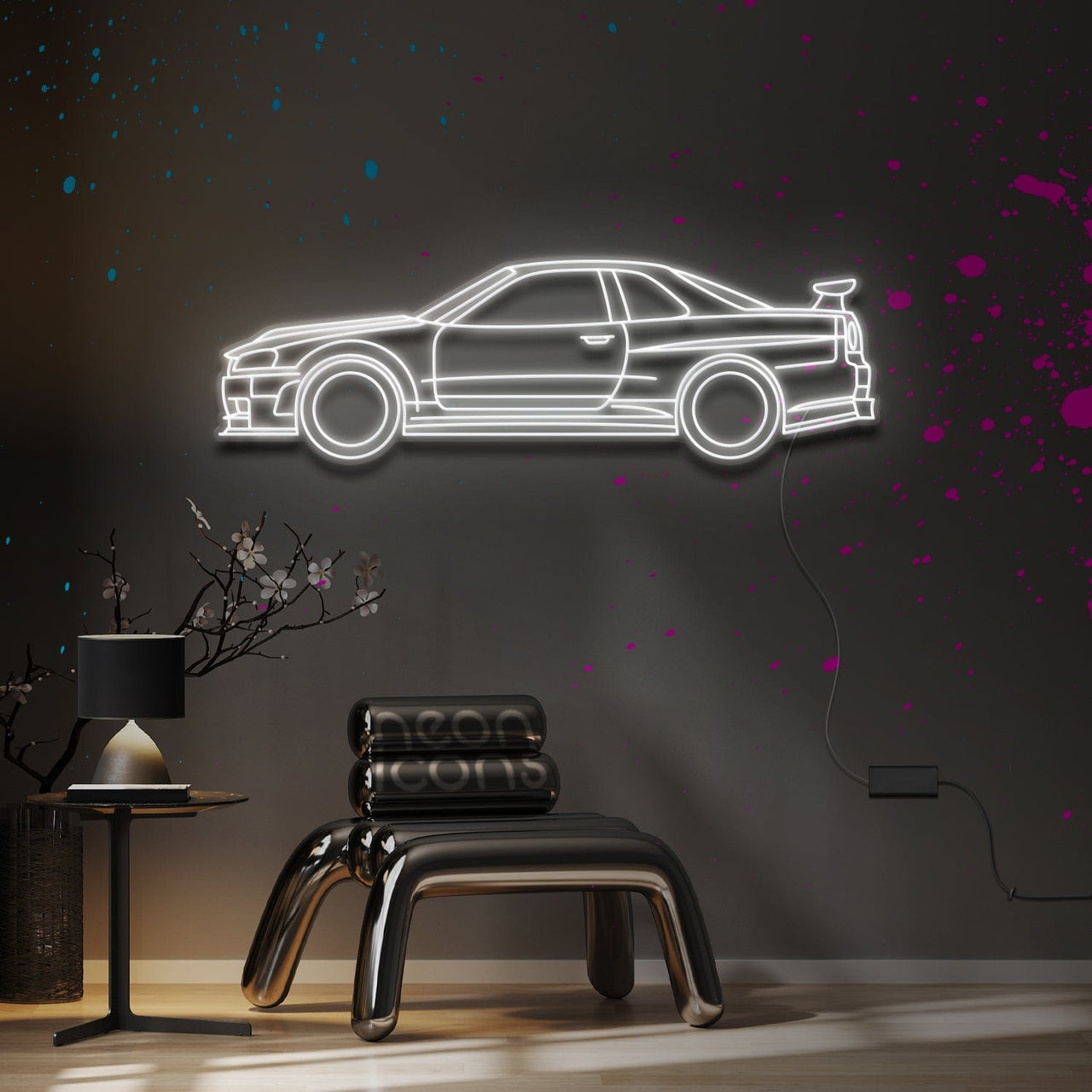 "Nissan R34 GTR V-Spec" Neon Sign 4ft x 1.3ft / White / LED Neon by Neon Icons