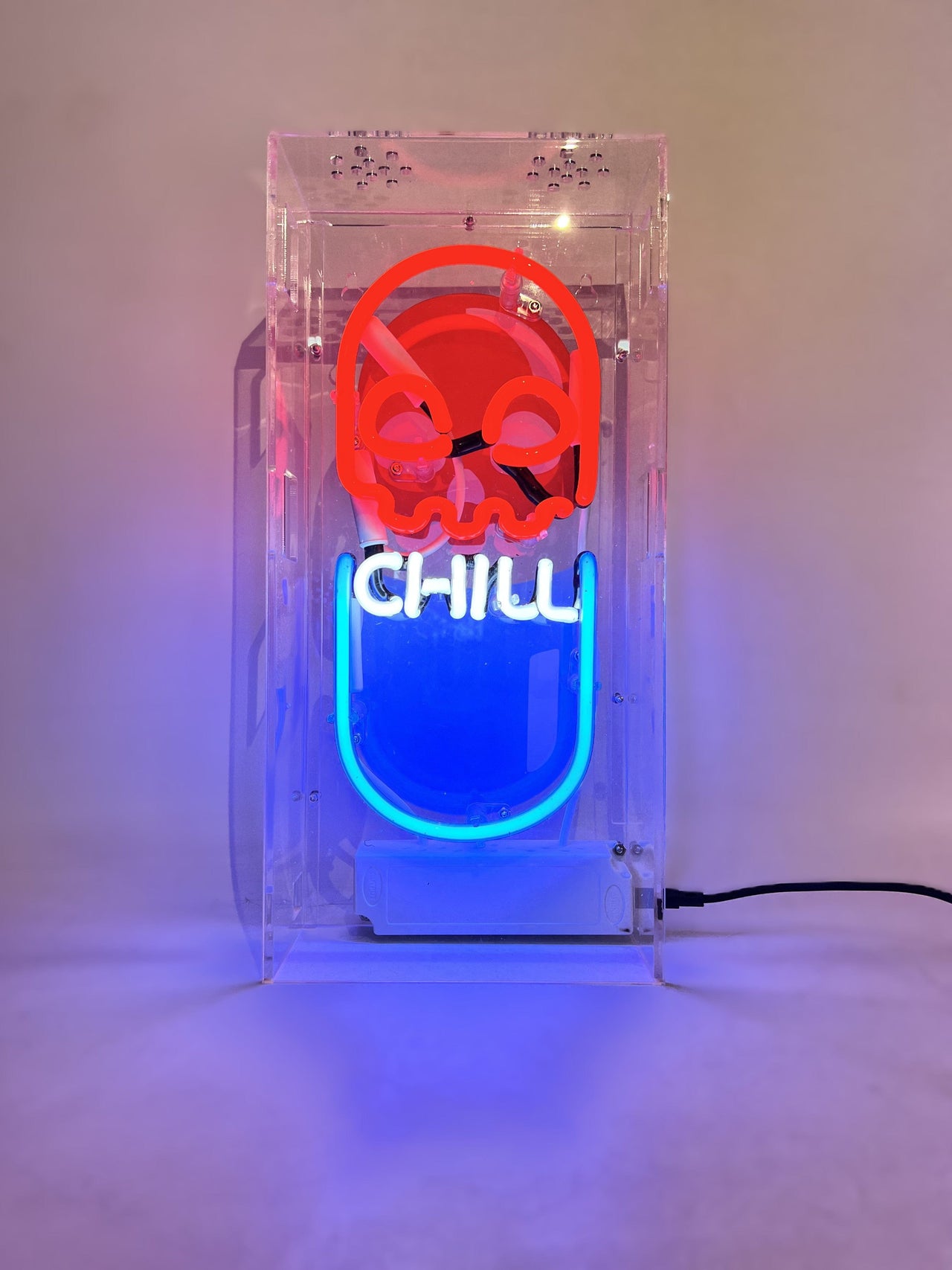 "Chill Pill" Glass Neon Lamp in Acrylic Box by Neon Icons