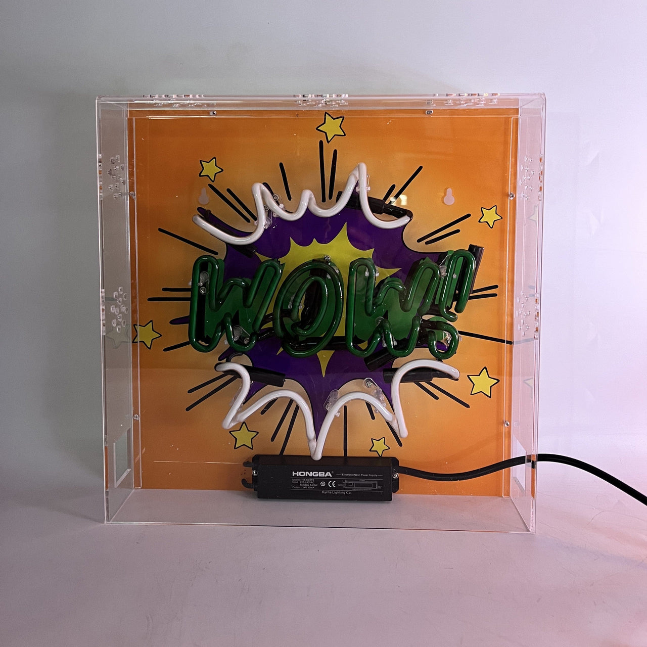 "Wow" Glass Neon Lamp in Acrylic Box by Neon Icons
